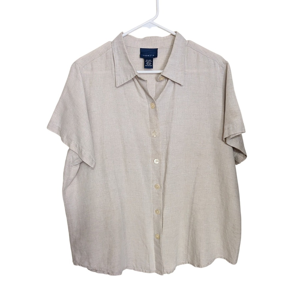 Venezia Linen Cotton Blend Short Sleeve Button Up Shirt Beige Size 14/16